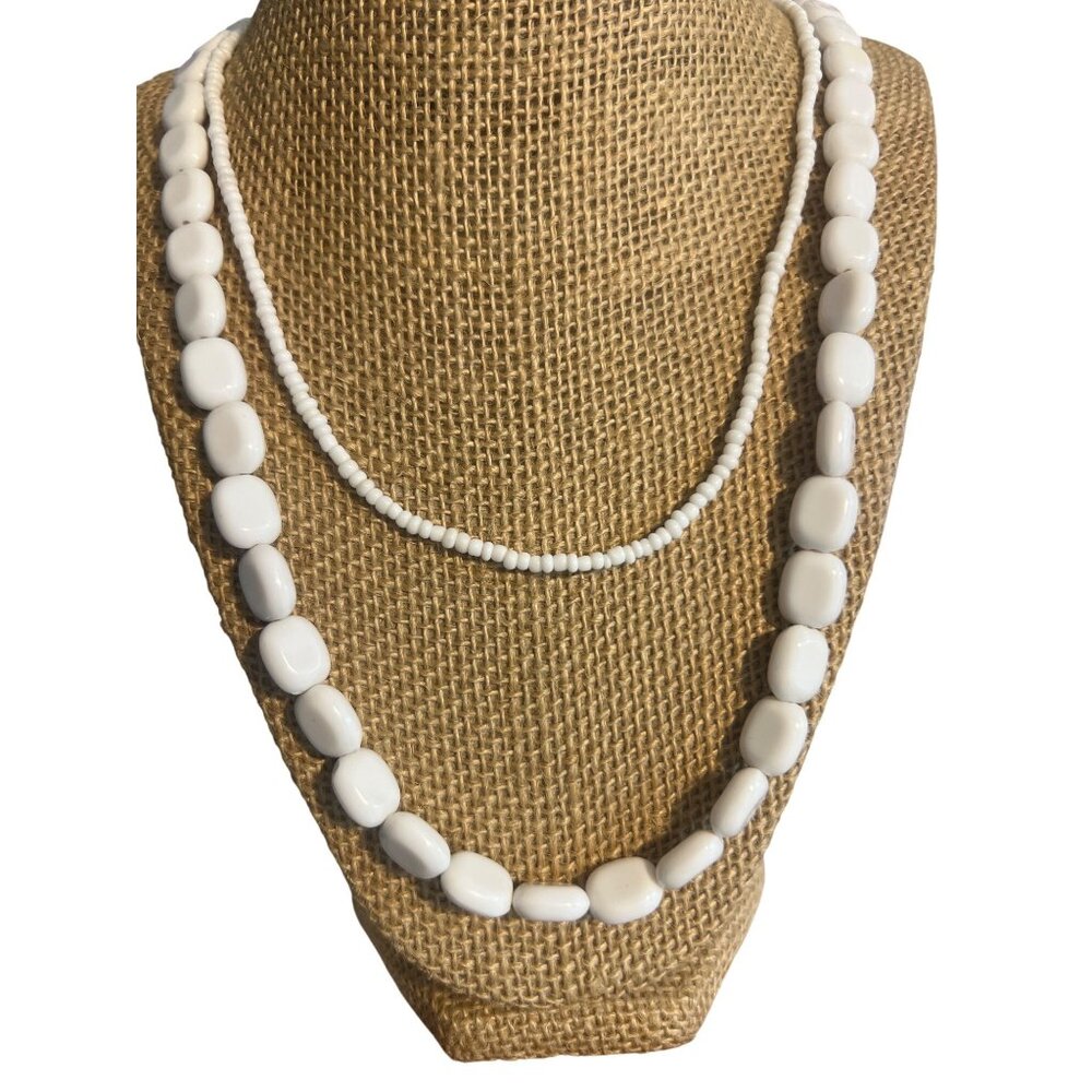 Vintage White Acrylic Double Strand Necklace Seed Bead Lobster Clasp 31"